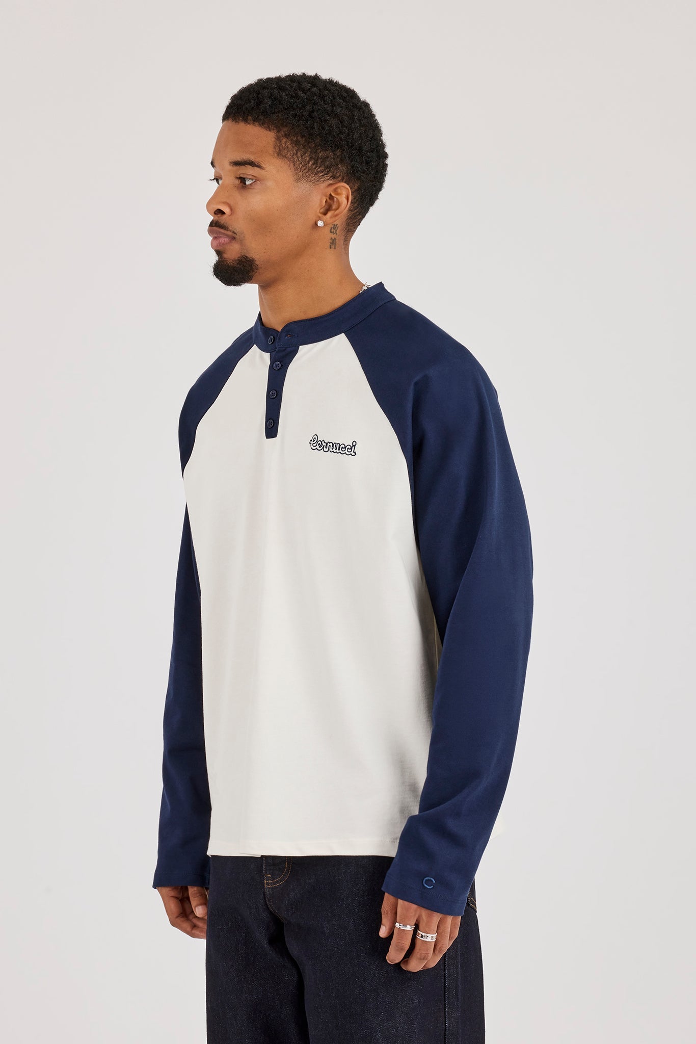 Long Sleeve Contrast Raglan Henley T-Shirt - Off White